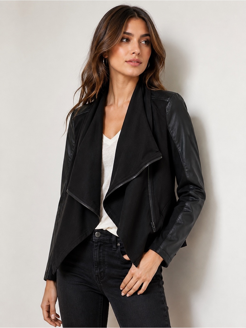 BLANK NYC Black Faux Leather Knit Draped Moto Jacket Open Front Zip Womens Small